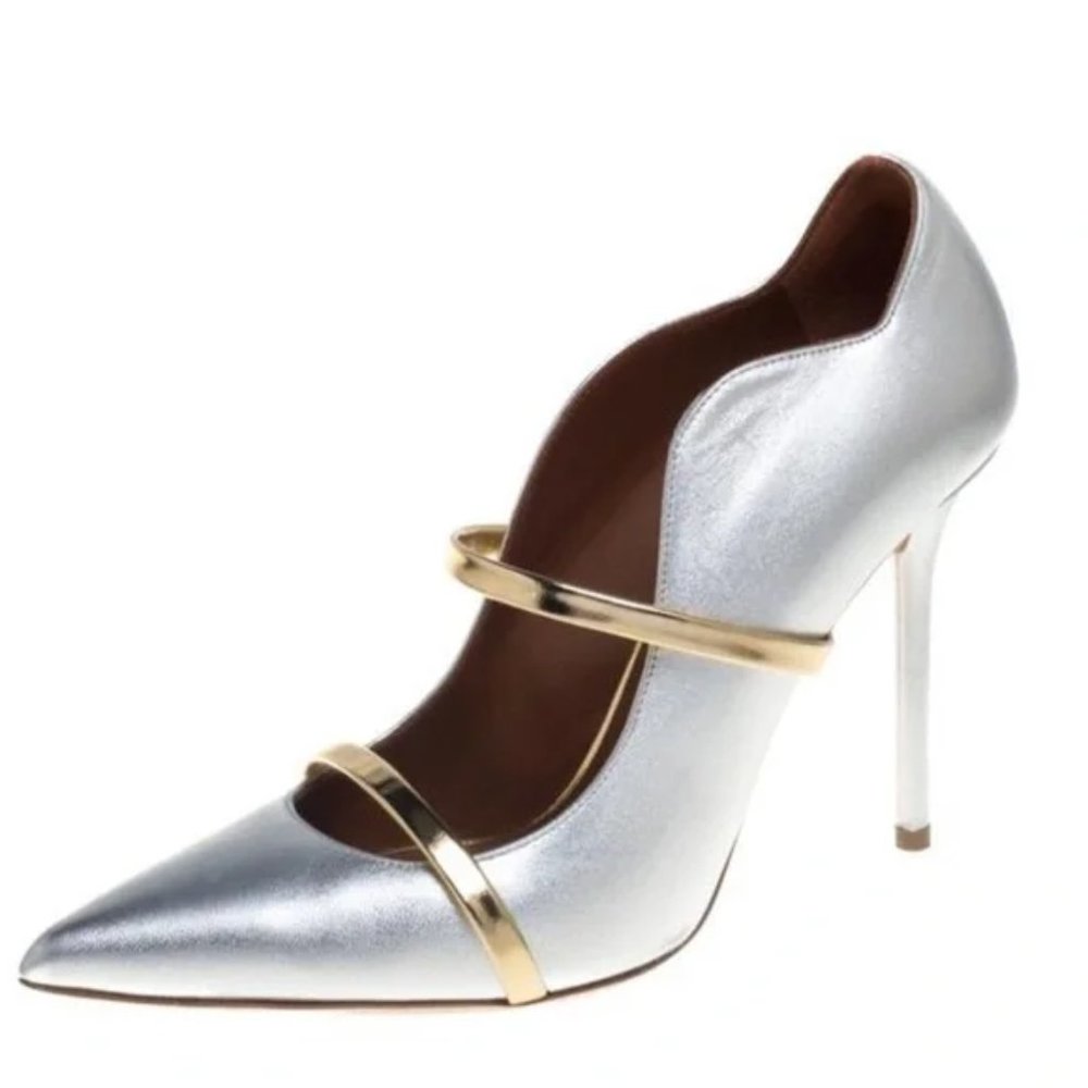 Malone Souliers Silver Leather Pointed Toe Pumps with Gold Straps